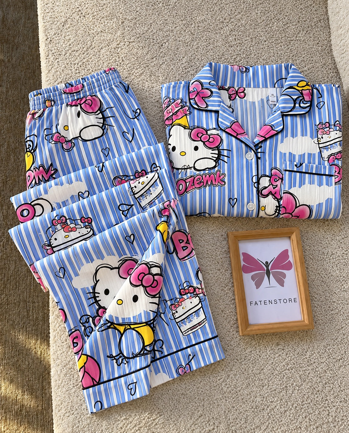 Blue Kitty Striped Padded 3 Piece Night Suit