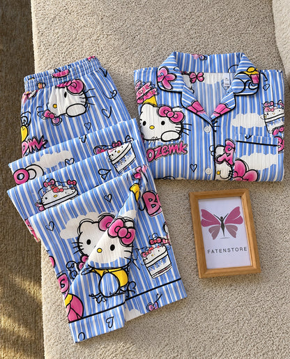 Blue Kitty Striped Padded 3 Piece Night Suit