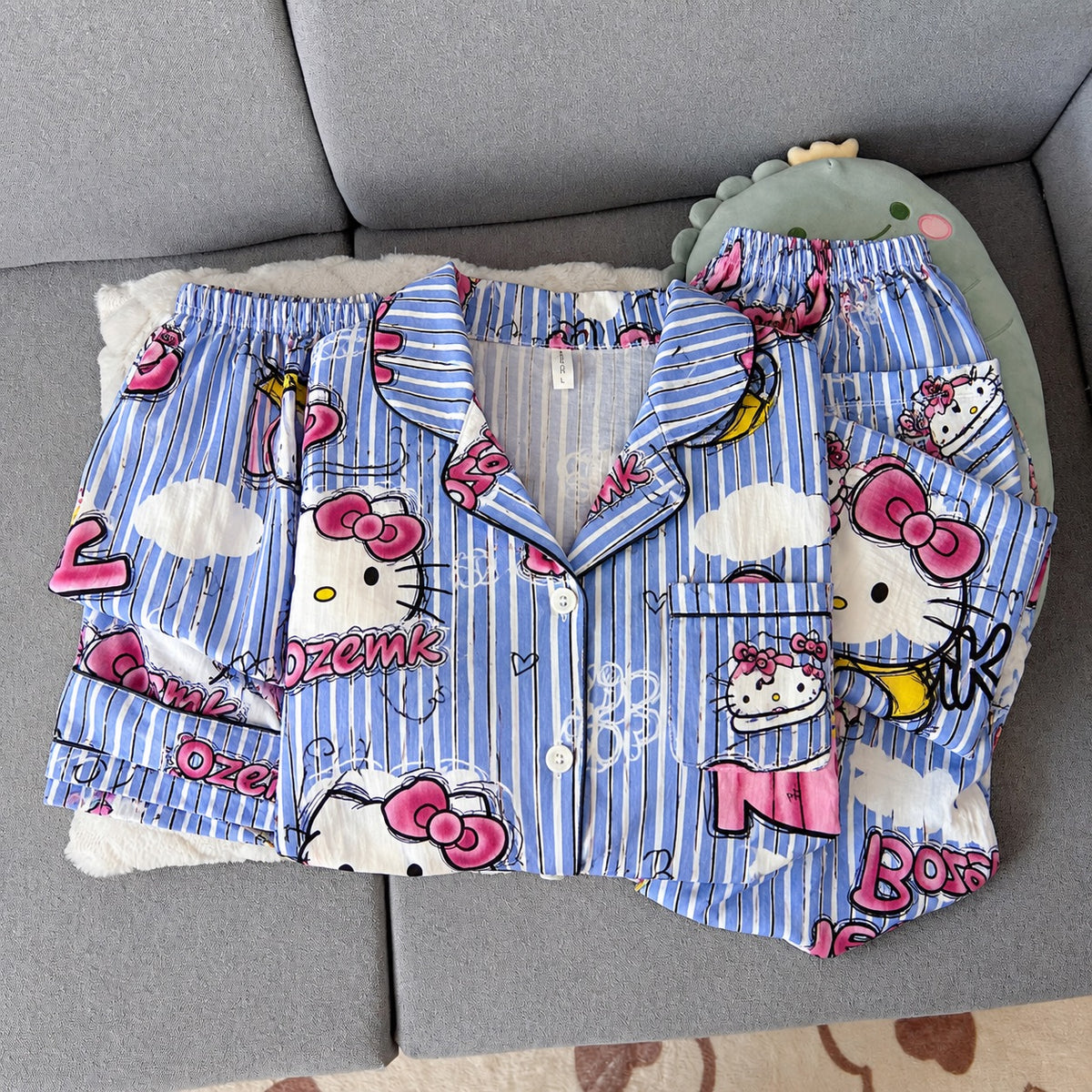 Blue Kitty Striped Padded 3 Piece Night Suit
