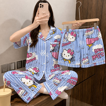 Blue Kitty Striped Padded 3 Piece Night Suit
