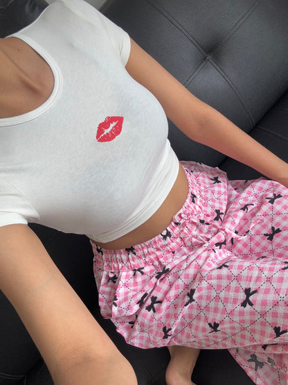 Pink Bow Checked Pants