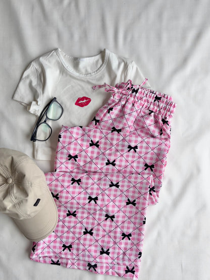 Pink Bow Checked Pants