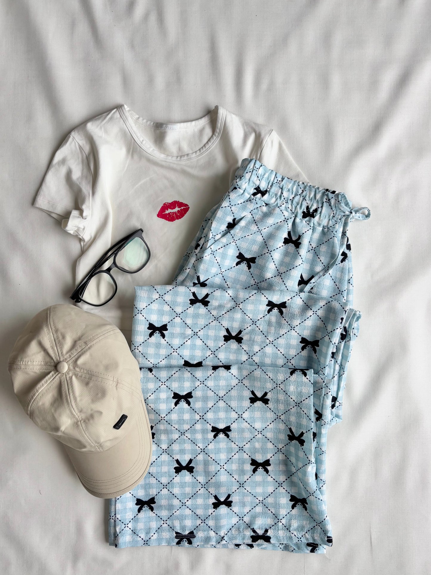 Baby Blue Bow Checked Pants
