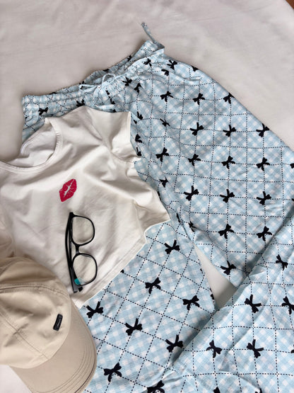 Baby Blue Bow Checked Pants