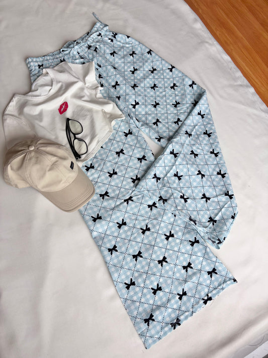 Baby Blue Bow Checked Pants