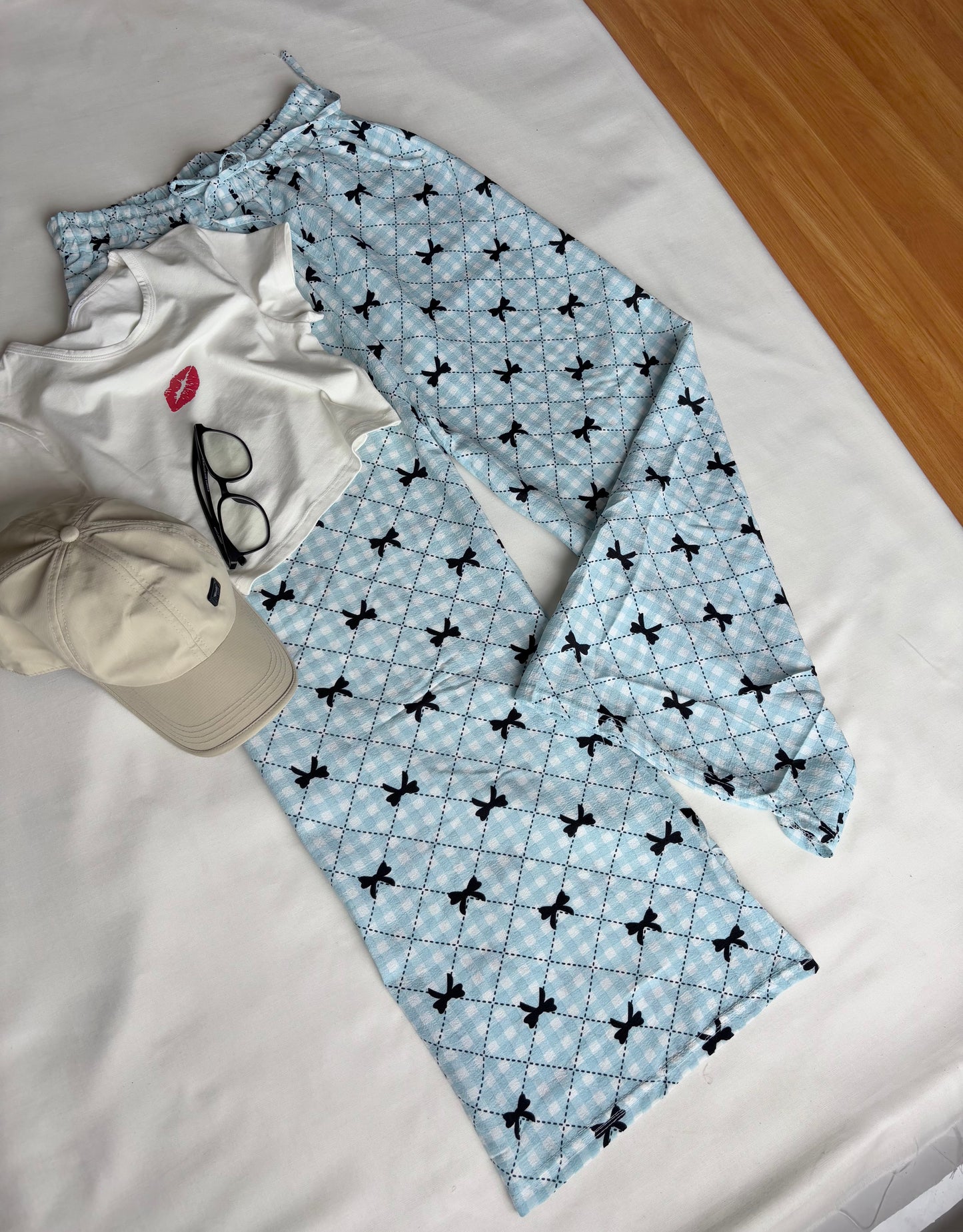 Baby Blue Bow Checked Pants