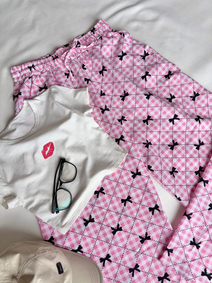 Pink Bow Checked Pants