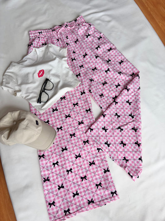 Pink Bow Checked Pants