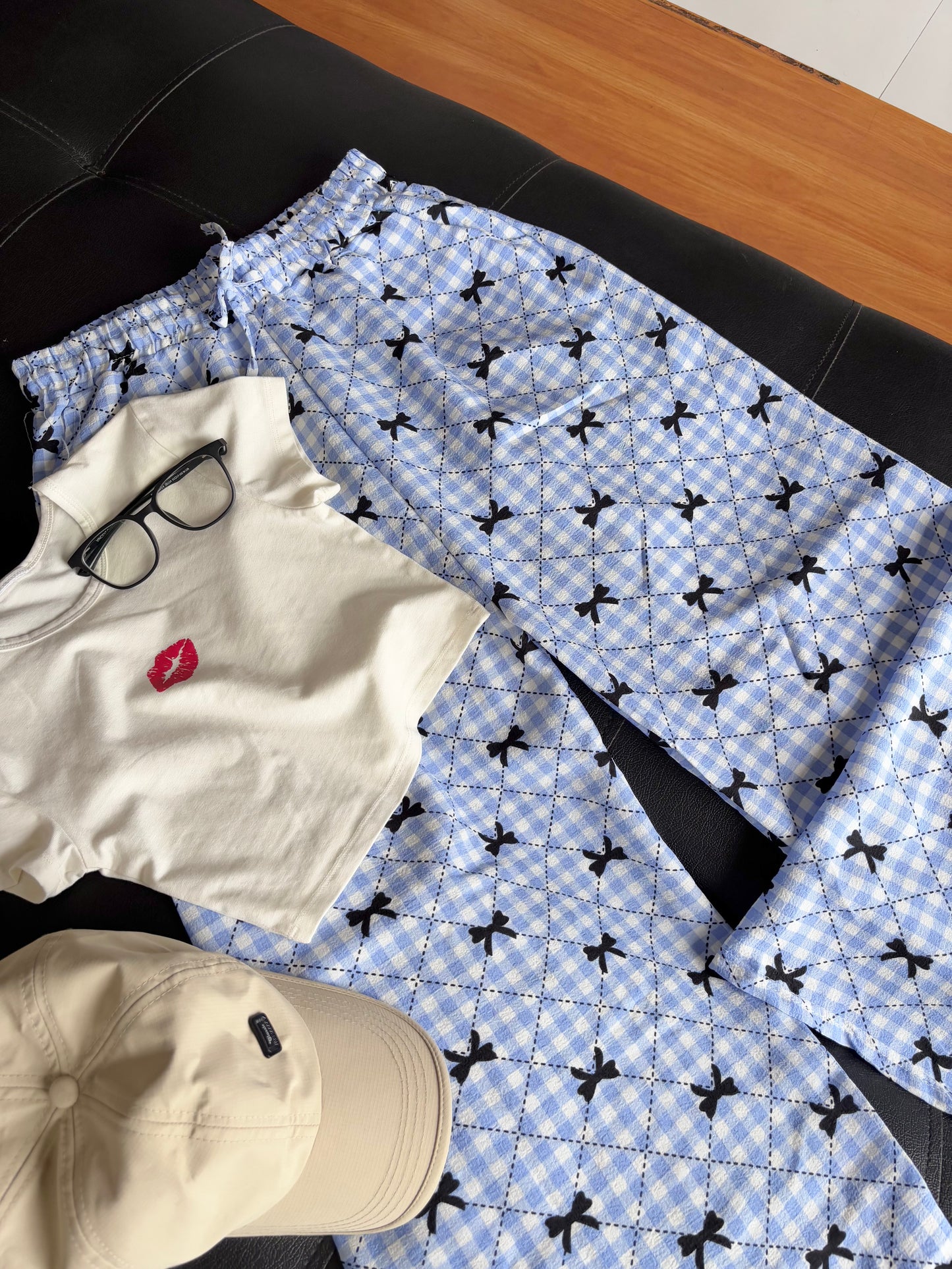 Blue Bow Checked Pants