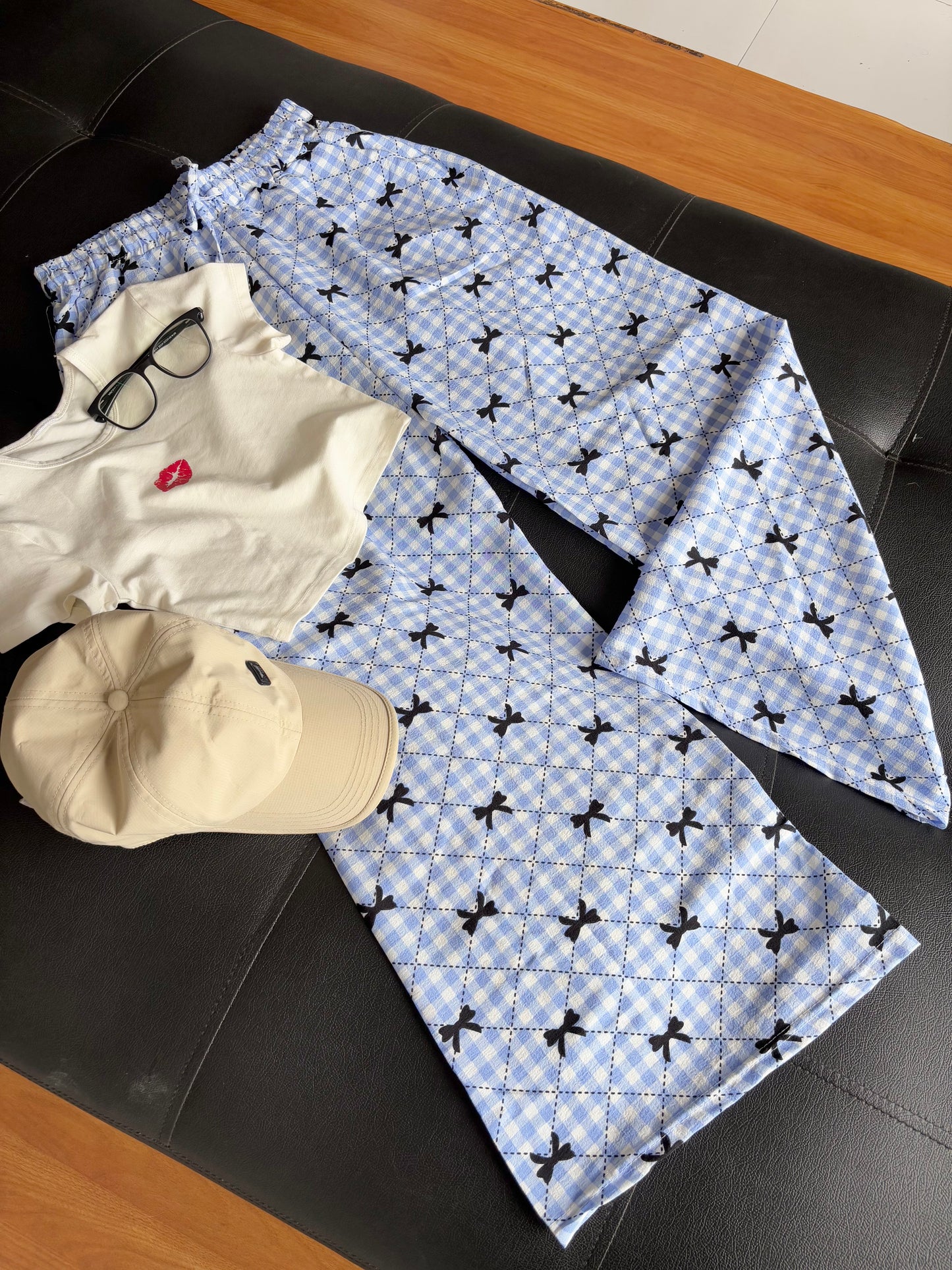 Blue Bow Checked Pants