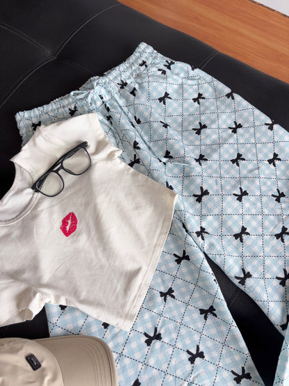 Baby Blue Bow Checked Pants