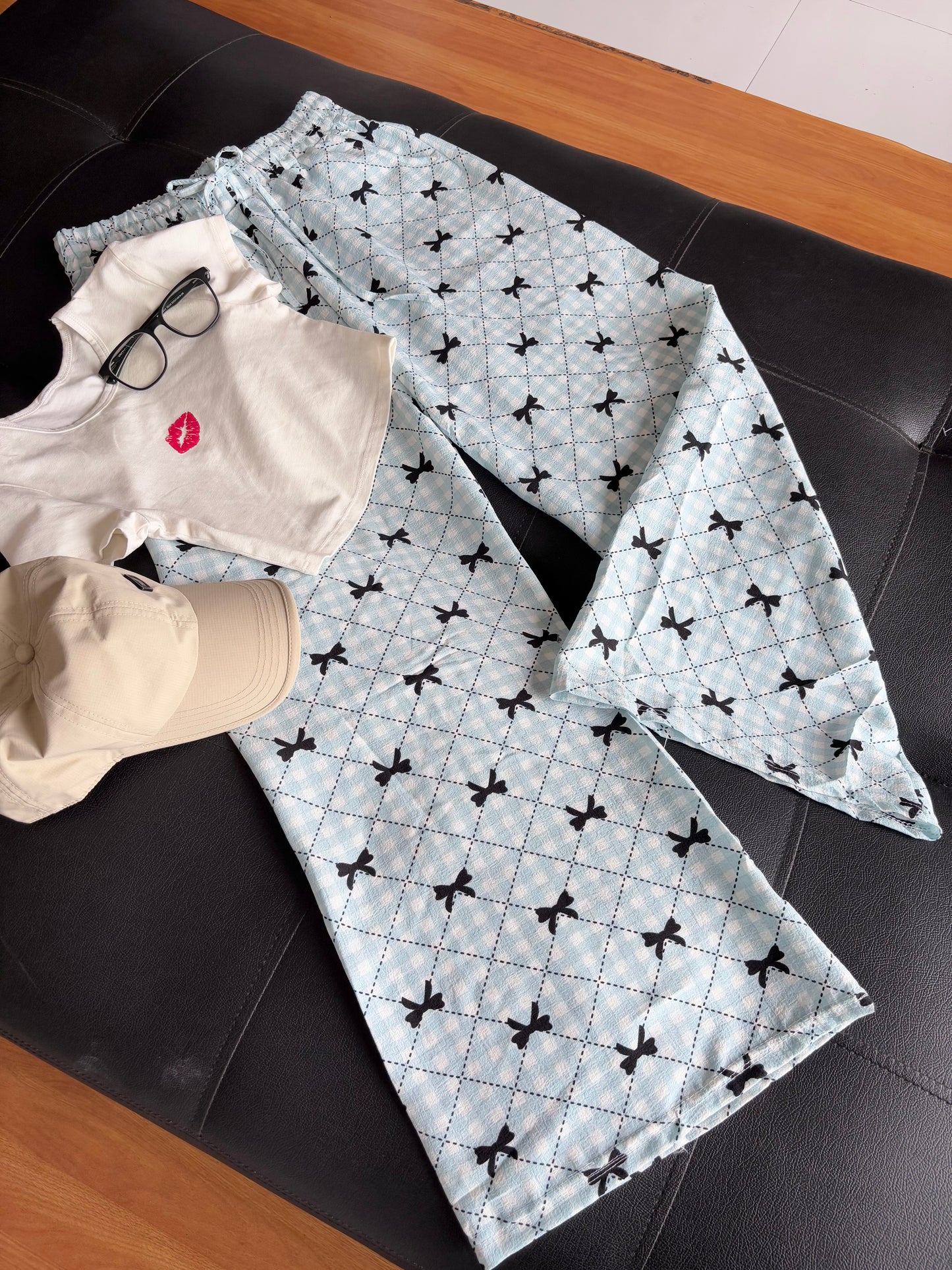 Baby Blue Bow Checked Pants