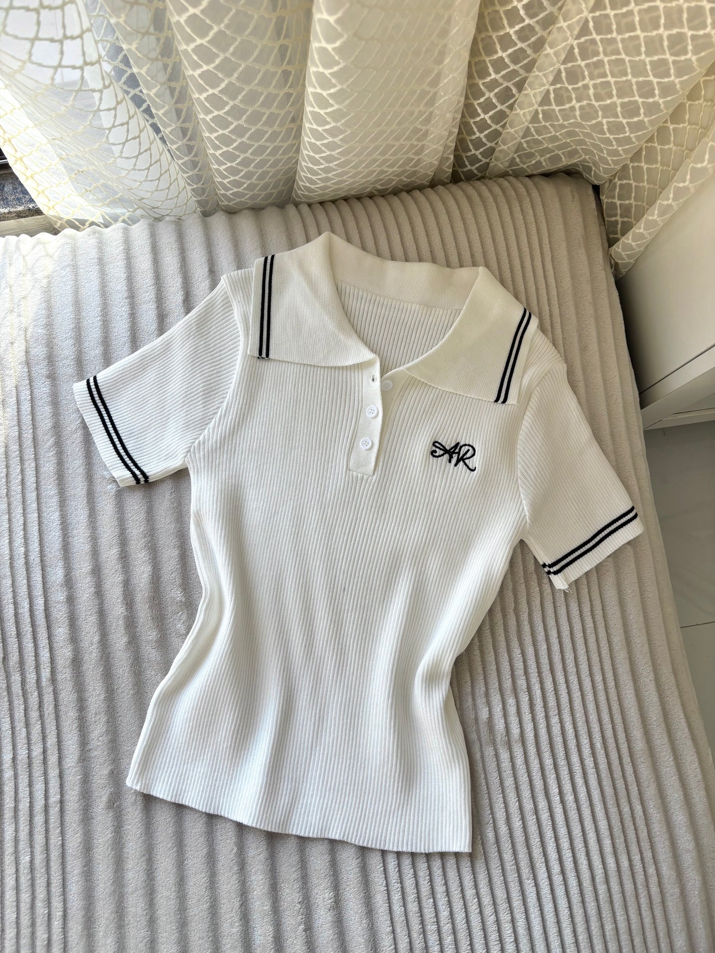 Embroidered Ribbed Polo Tops