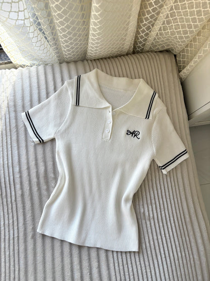 Embroidered Ribbed Polo Tops