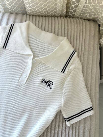 Embroidered Ribbed Polo Tops