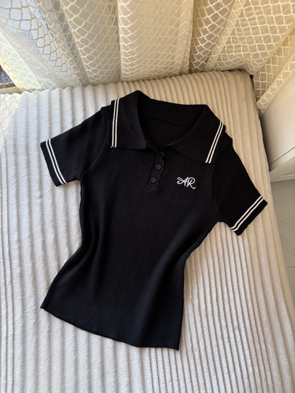 Embroidered Ribbed Polo Tops