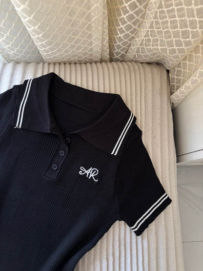 Embroidered Ribbed Polo Tops
