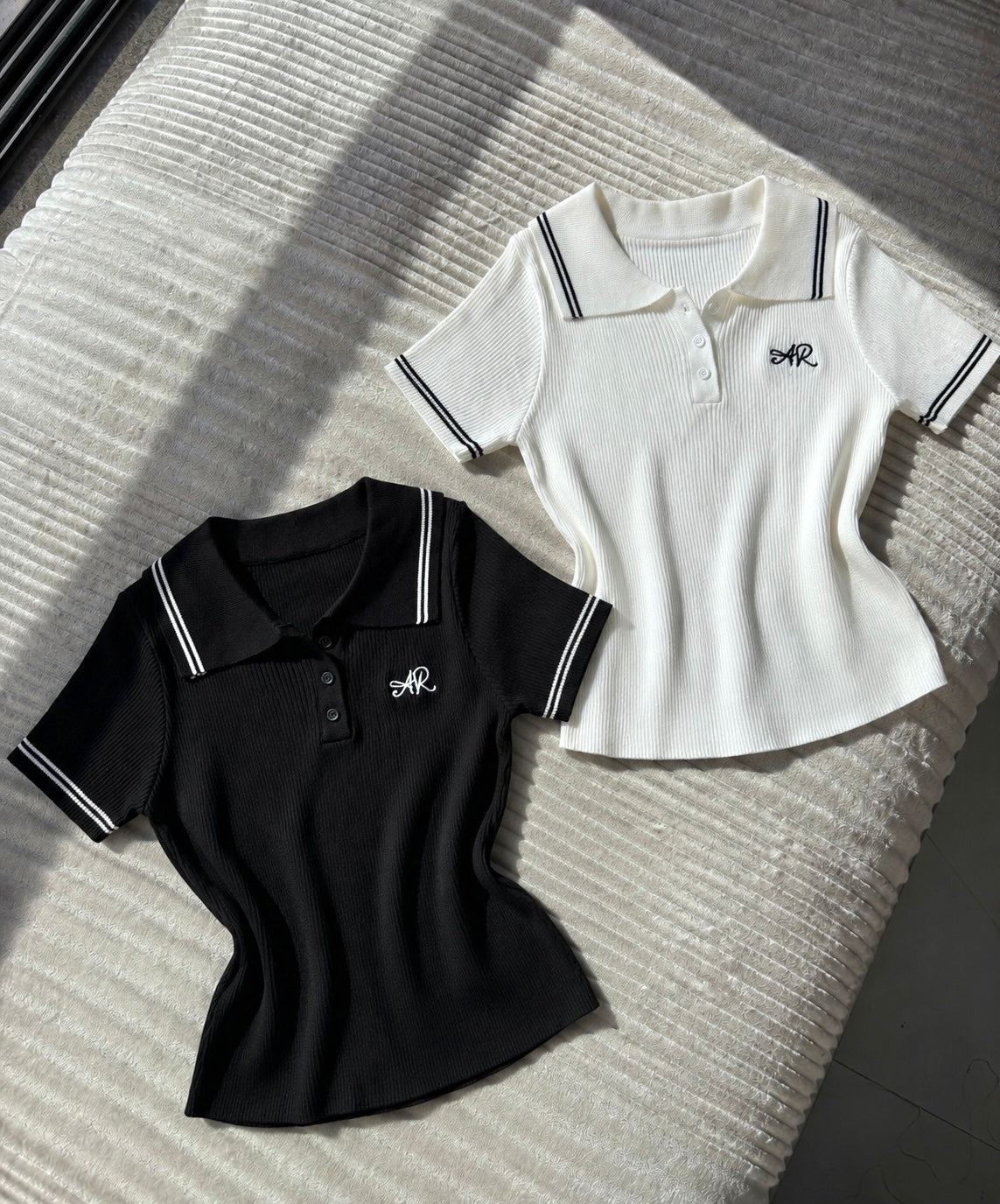 Embroidered Ribbed Polo Tops