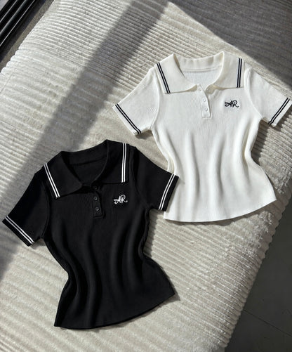 Embroidered Ribbed Polo Tops