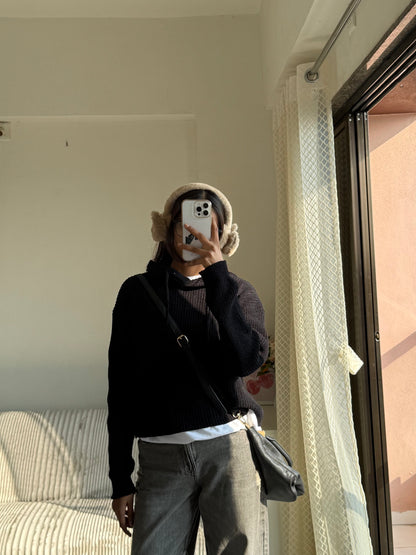 Black Knitted Hoodie For Women