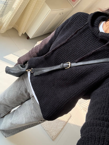 Black Knitted Hoodie For Women