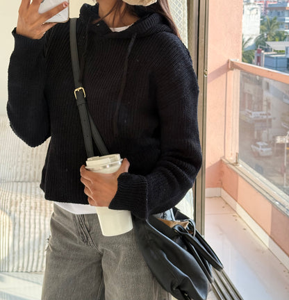Black Knitted Hoodie For Women