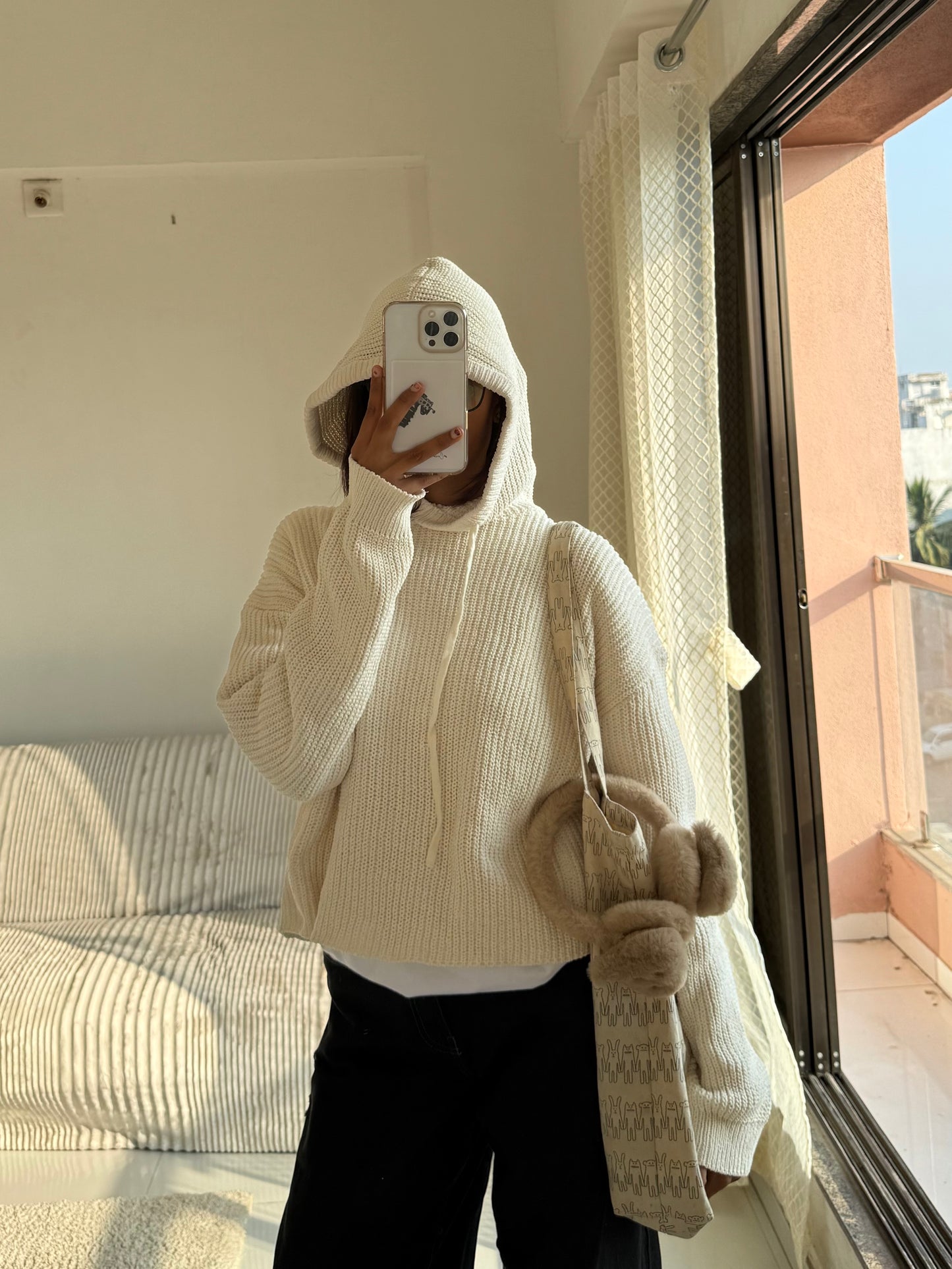 Off white Knitted Hoodie For Women