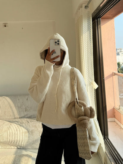 Off white Knitted Hoodie For Women