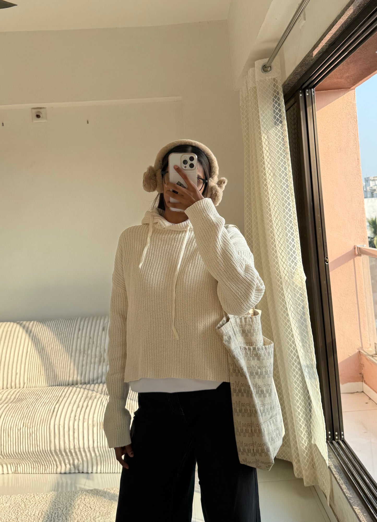 Off white Knitted Hoodie For Women