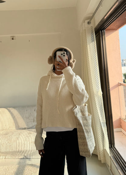 Off white Knitted Hoodie For Women