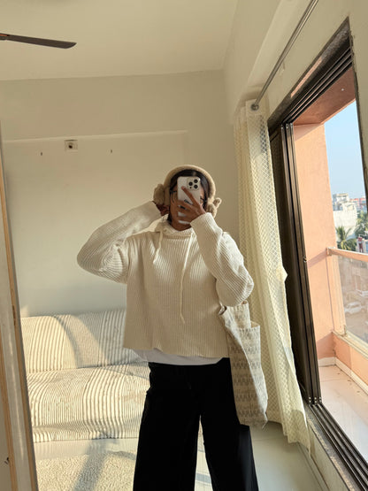 Off white Knitted Hoodie For Women