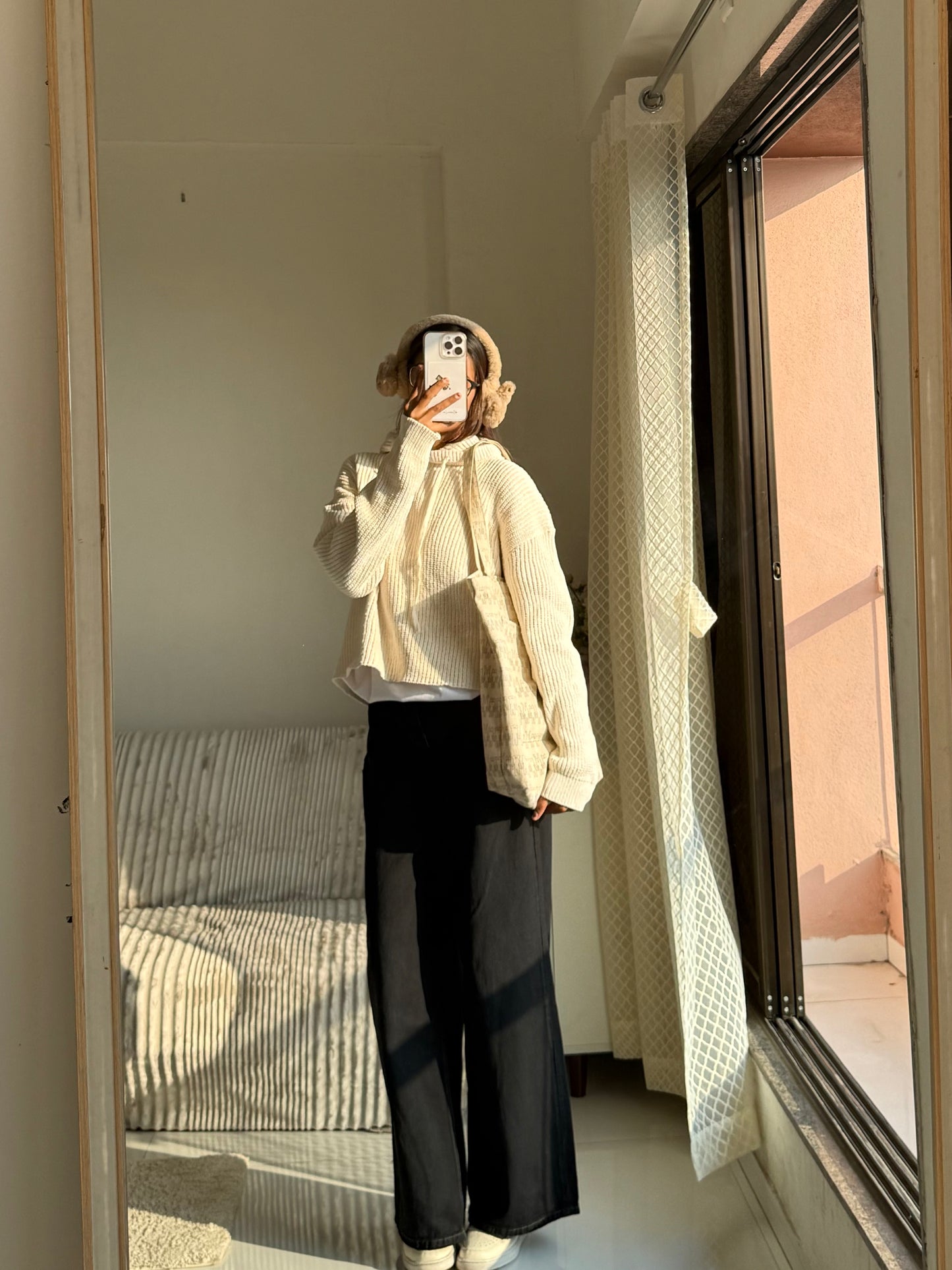 Off white Knitted Hoodie For Women