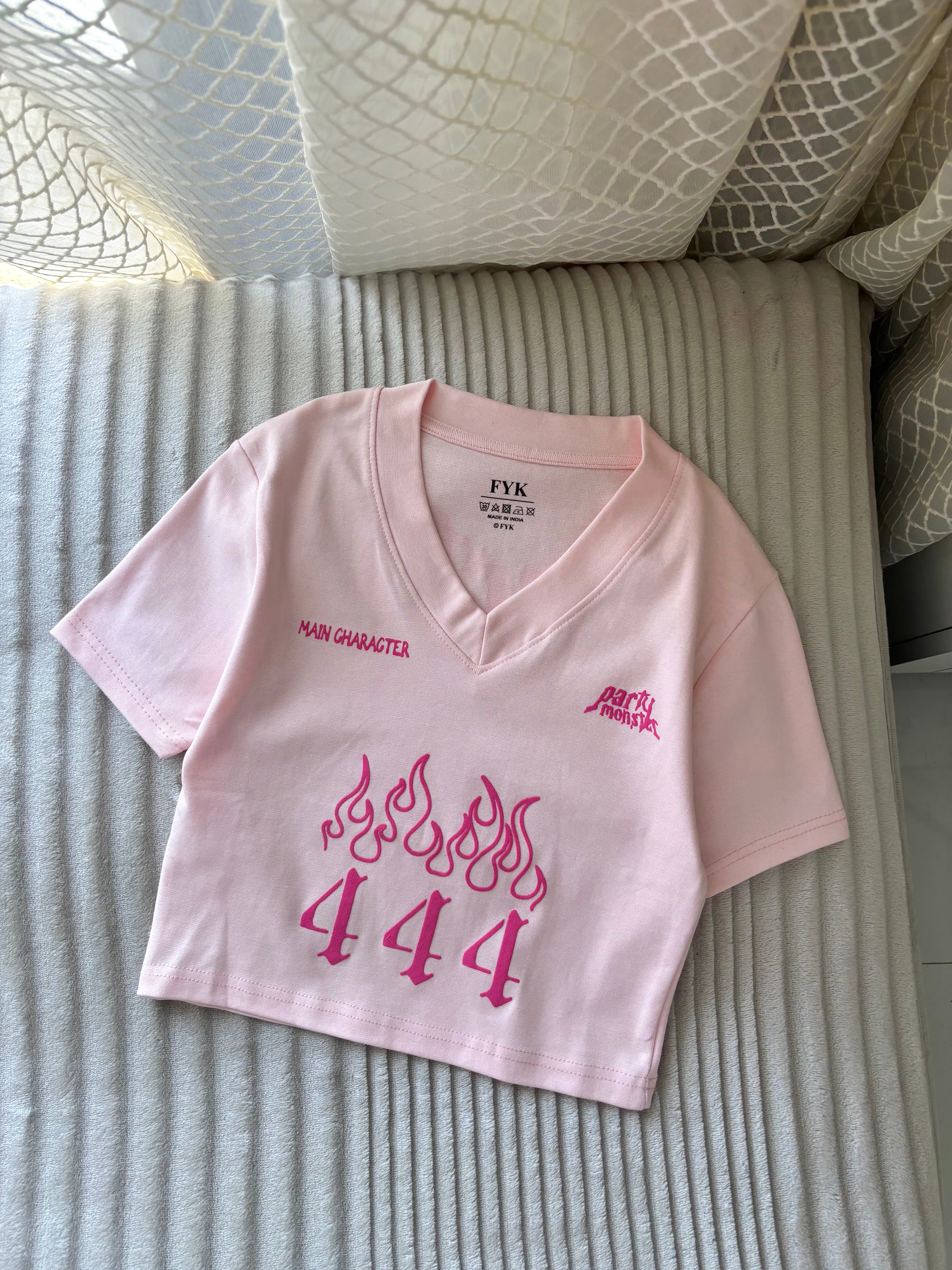"Party Monster" Baby Pink Back Print Crop Tee