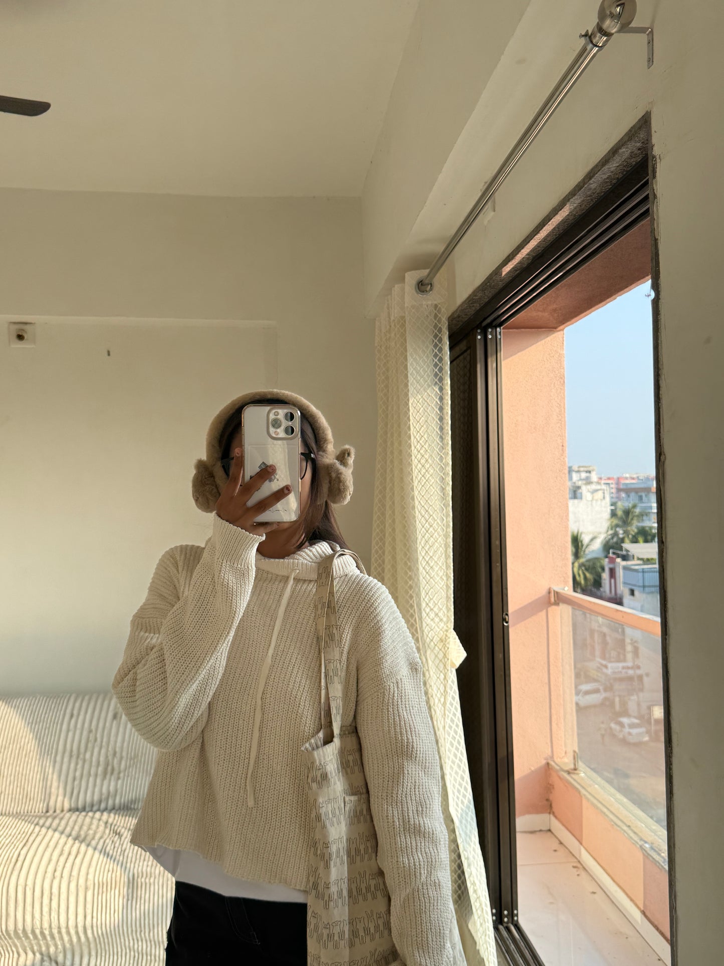 Off white Knitted Hoodie For Women