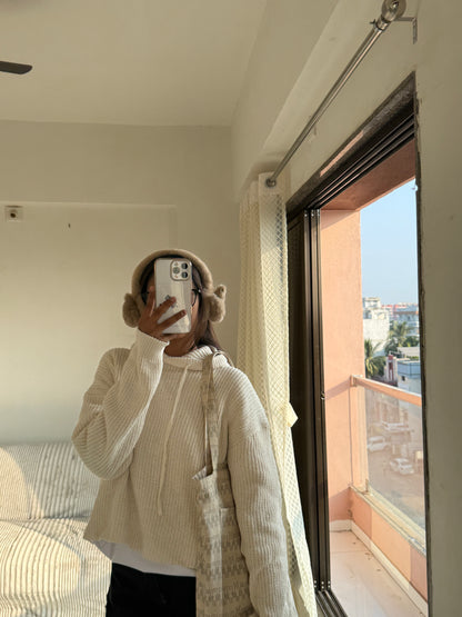Off white Knitted Hoodie For Women
