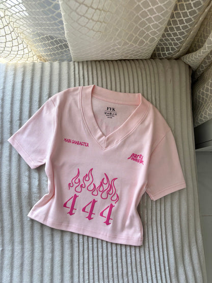 "Party Monster" Baby Pink Back Print Crop Tee