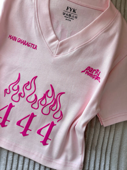 "Party Monster" Baby Pink Back Print Crop Tee