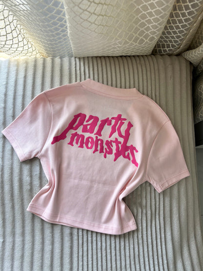 "Party Monster" Baby Pink Back Print Crop Tee