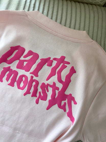 "Party Monster" Baby Pink Back Print Crop Tee