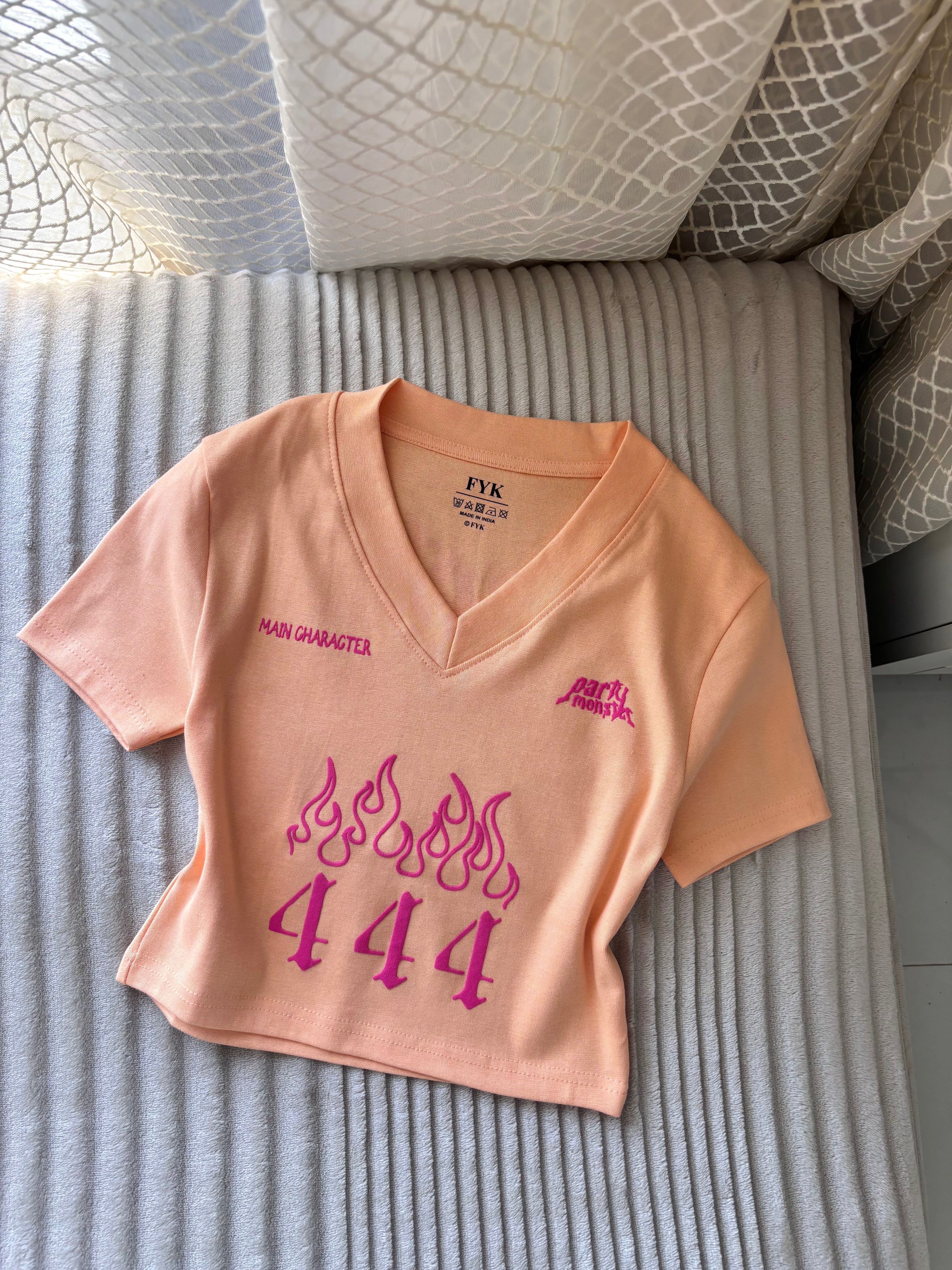 "Party Monster" Peachy Orange Back Print Crop Tee