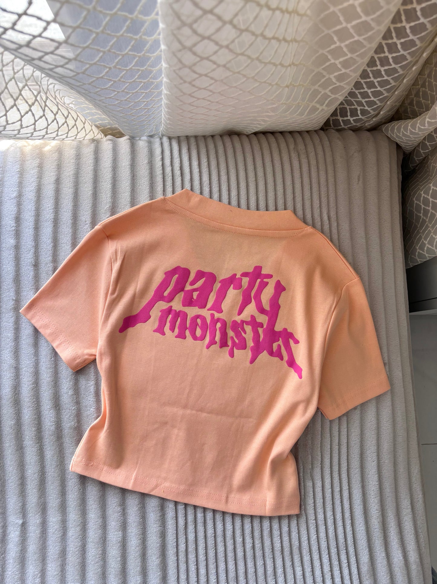"Party Monster" Peachy Orange Back Print Crop Tee