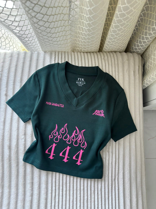 "Party Monster" Green Back Print Crop Tee