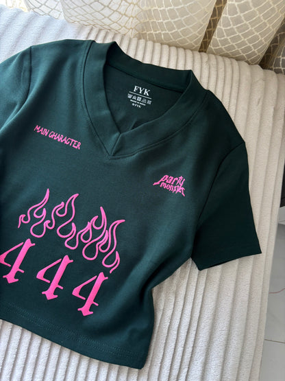"Party Monster" Green Back Print Crop Tee