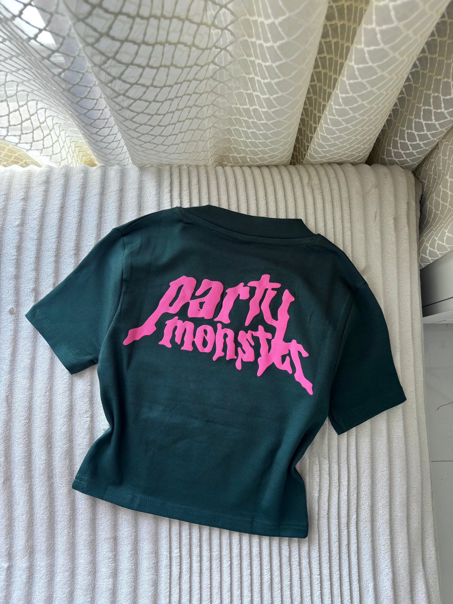 "Party Monster" Green Back Print Crop Tee