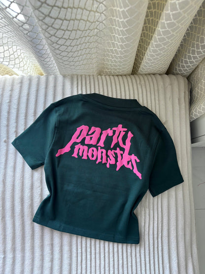 "Party Monster" Green Back Print Crop Tee