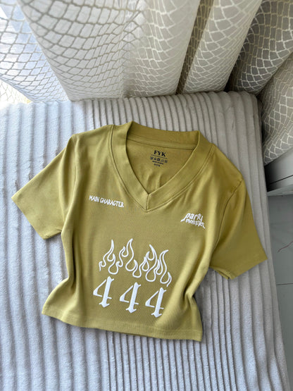 "Party Monster" Olive Mustard Back Print Crop Tee