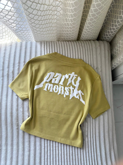 "Party Monster" Olive Mustard Back Print Crop Tee