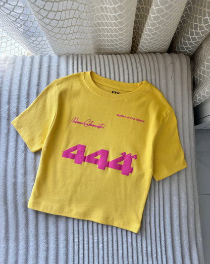"444" Yellow Back Print Crop Tee