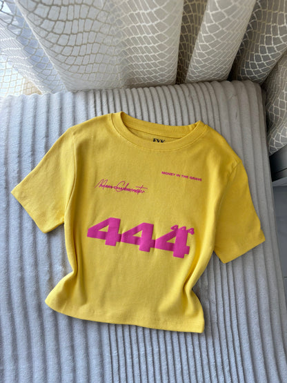 "444" Yellow Back Print Crop Tee