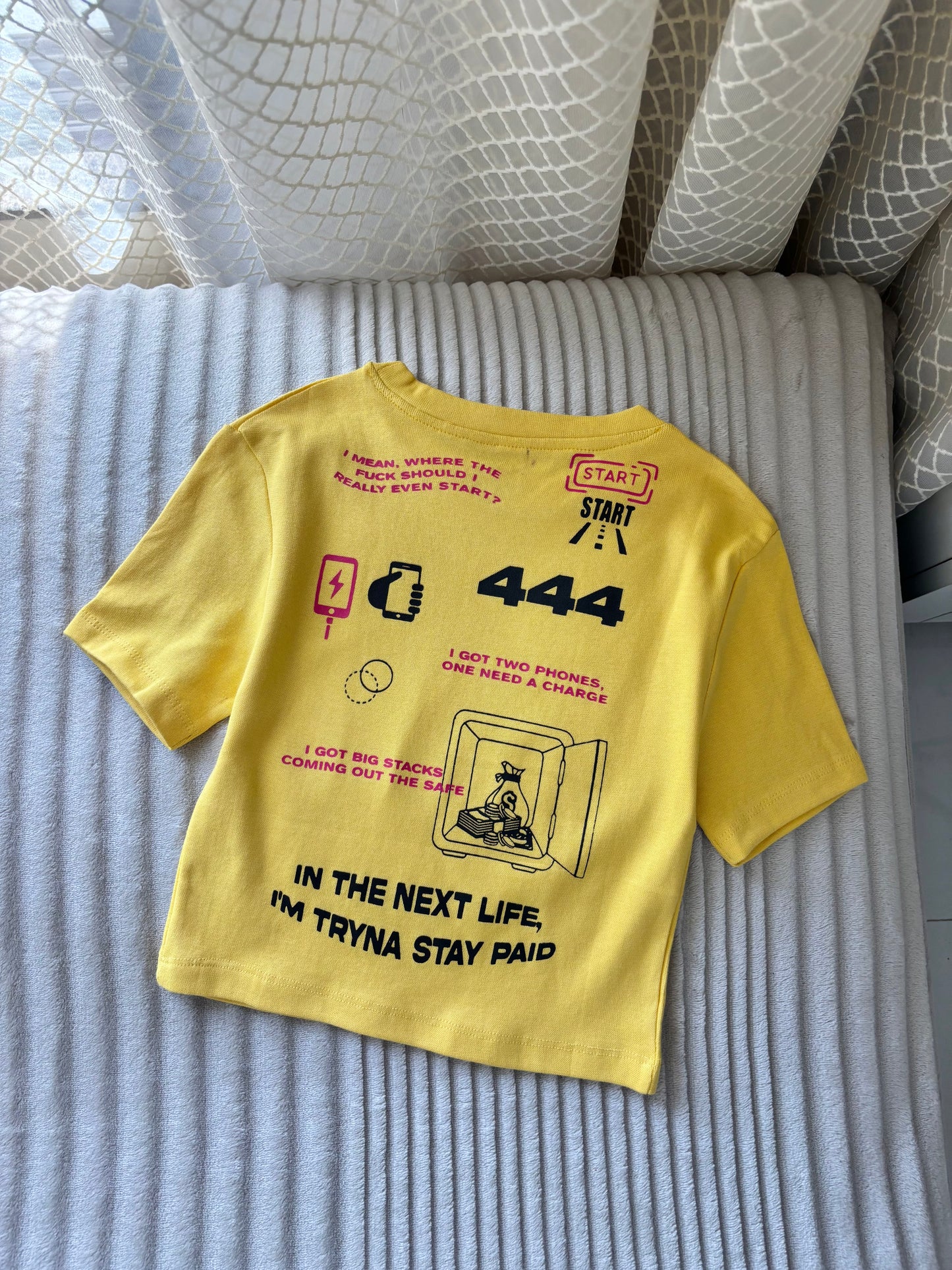 "444" Yellow Back Print Crop Tee